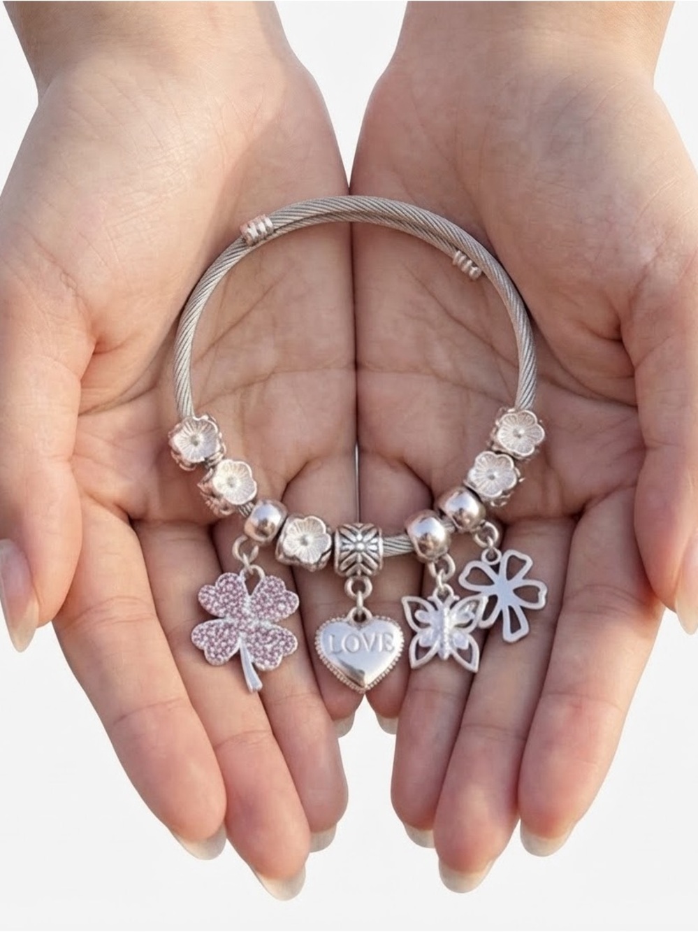Silver like Charm Bracelet with Heart and Butterfly Accents